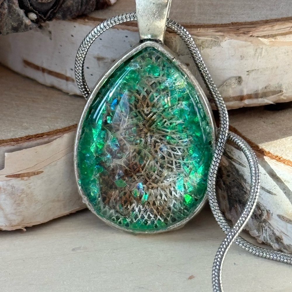 Green Glitter & Real Snakeskin Accent Tear Shaped Necklace on a 20” chain